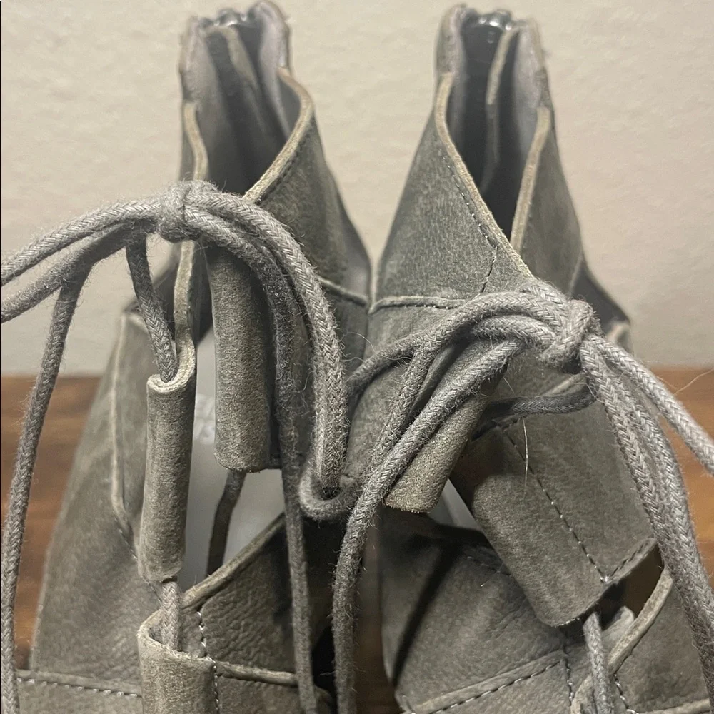 Eileen Fisher Dibs Grey Suede Leather Lace Up Wedge Sandal